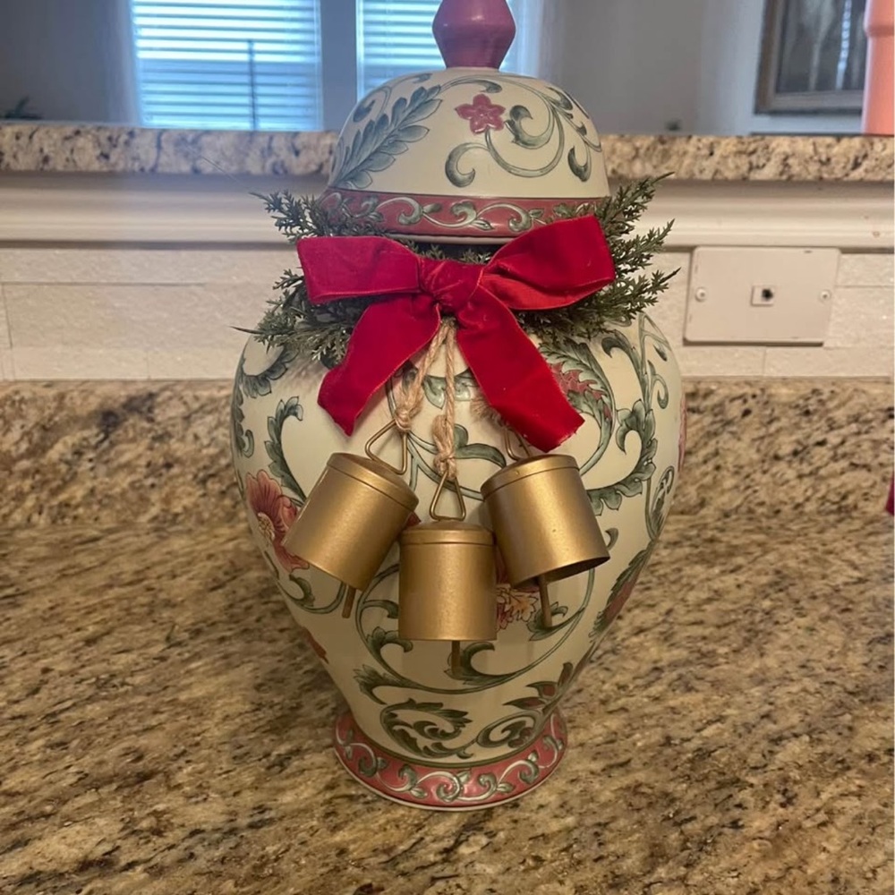 Decorative Ceramic Ginger Jar with Red Bow and Gold Bells